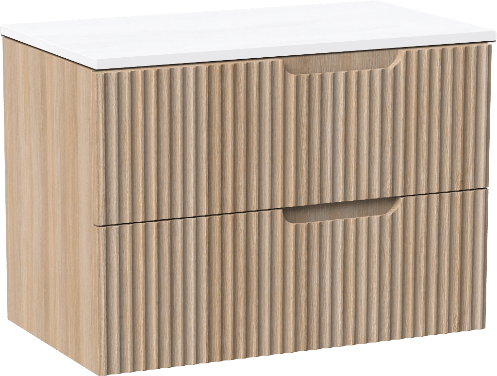 Linie Ribbo meuble salle de bains suspendu 80 x 46 cm chêne clair avec Lado tablette simple en marbre composite blanc brillant, Nervure circulaire symétrique verticale