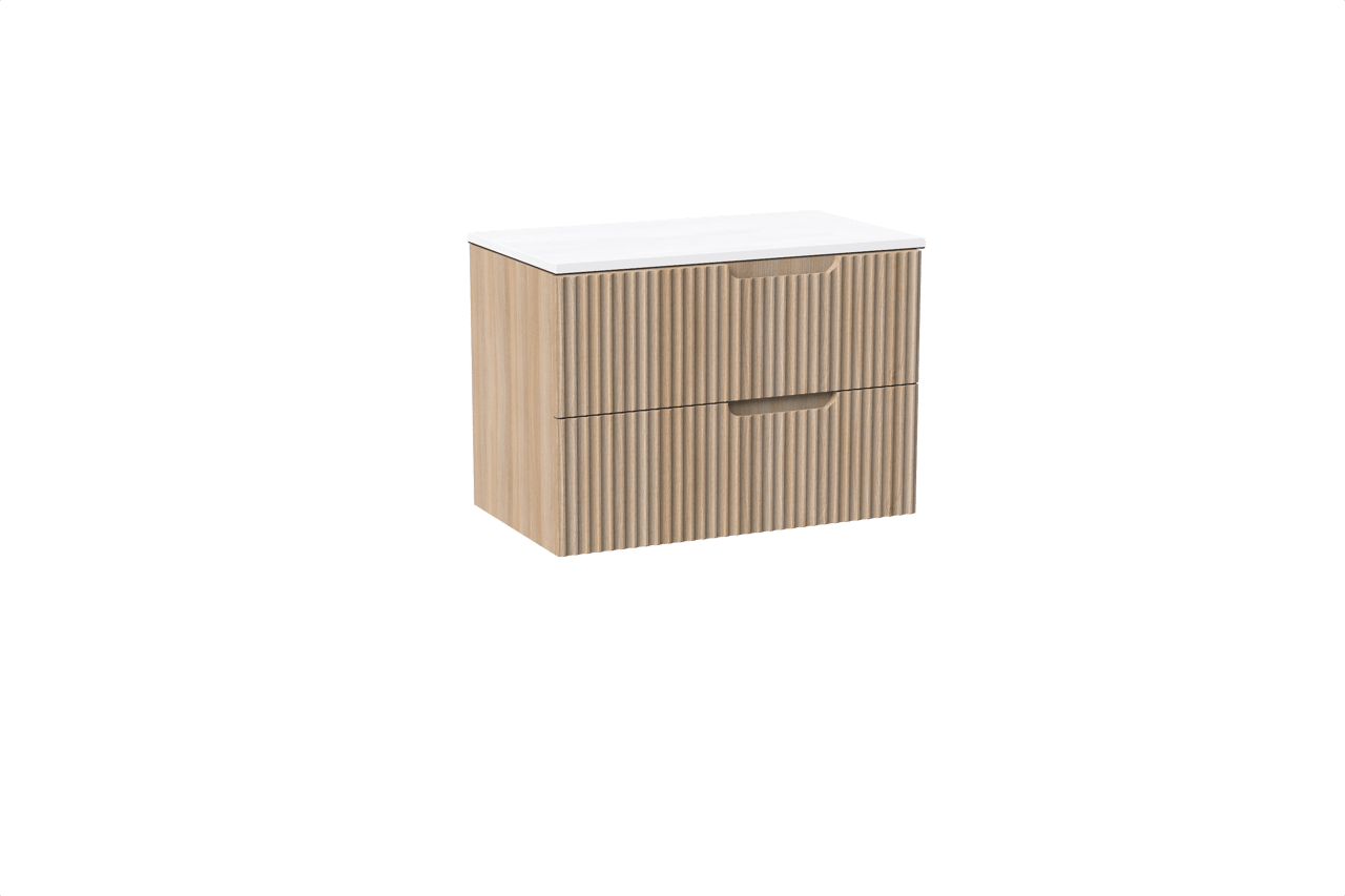 Linie Ribbo hängendes Möbelstück Set: 80 x 46 cm, Helle Eiche, mit Lado Einzel Waschtischplatte, Marmorkomposit, Weiß matt, Vertikale symmetrische runde Rippe