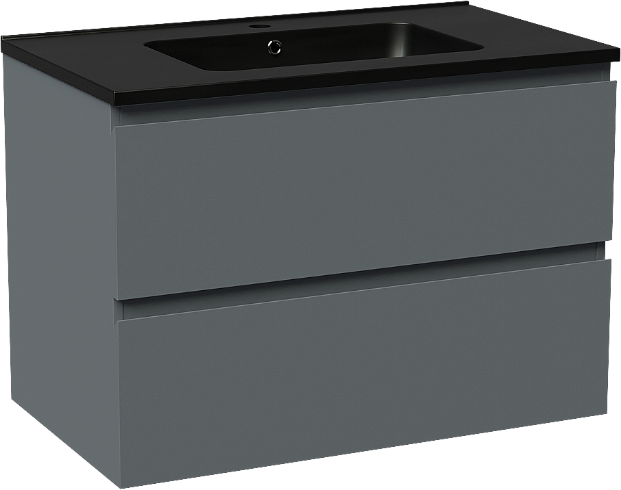Linie Lado hängendes Möbelstück Set: 80 x 46 cm, Anthrazitblau, mit Vano Einzelwaschtisch, Marmorkomposit Schwarz matt