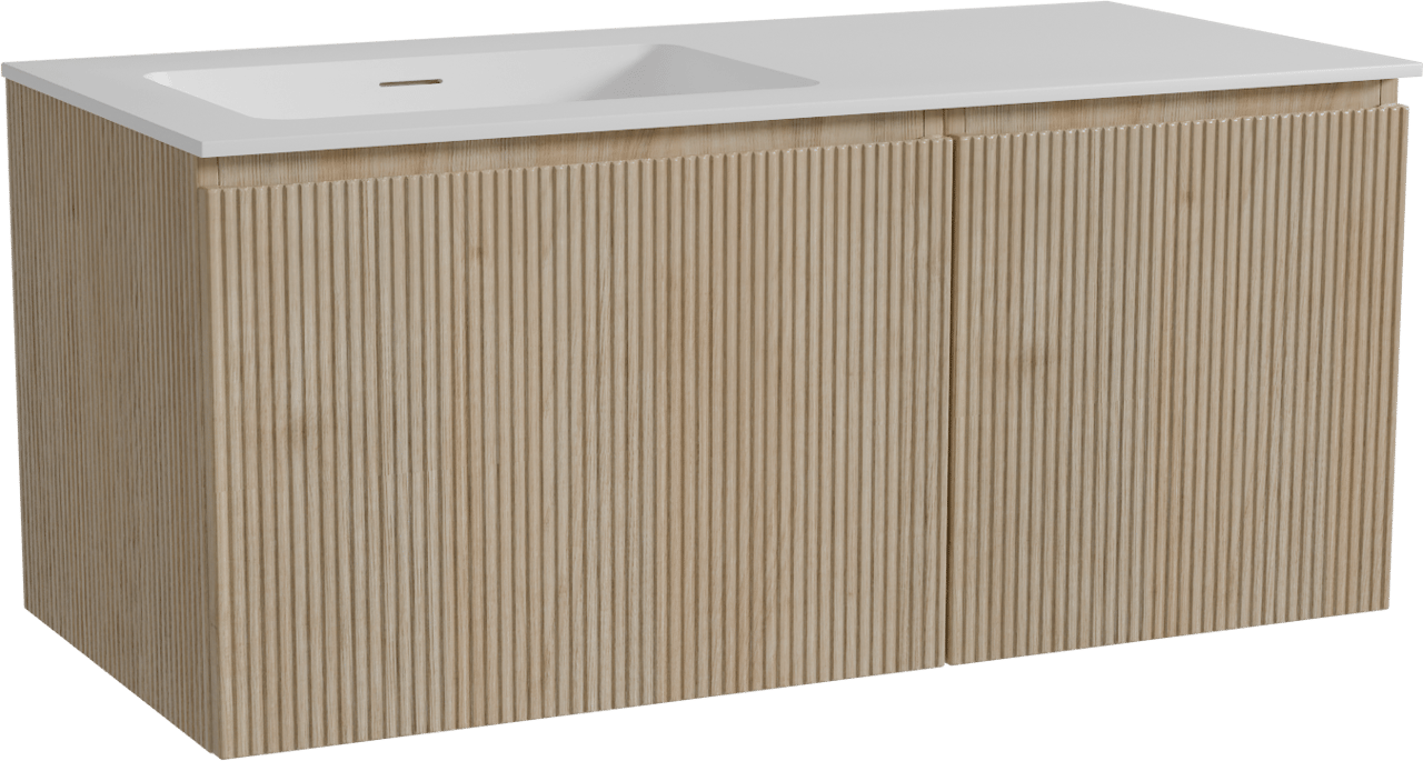 Storke Ribs hängendes Möbelstück Set: 110 x 52 cm, Rohe Eiche, mit Mata Waschtisch links, Solid Surface, Weiß matt, Vertikale symmetrische gerade Rippe