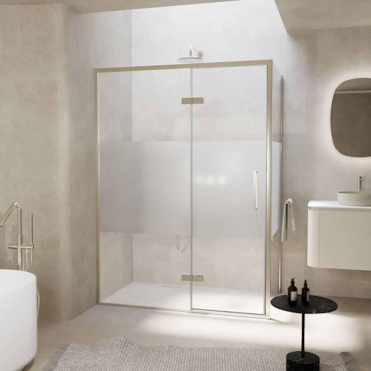 Balmani Senses Design Eckdusche: Drehtür (Links) mit fixierte Seitenwand, 140 x 90 cm, Klarglas mit mattiertem Streifen, Profil Brushed CoolMetal, inklusive Coating