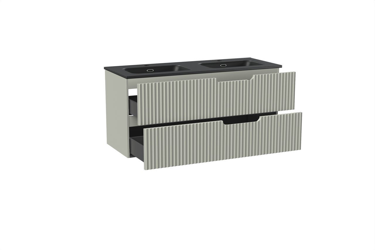 Linie Ribbo hängendes Möbelstück Set: 120 x 46 cm, Greige, mit Baro Doppelwaschtisch, Porzellan, Schwarz matt, Vertikale symmetrische runde Rippe