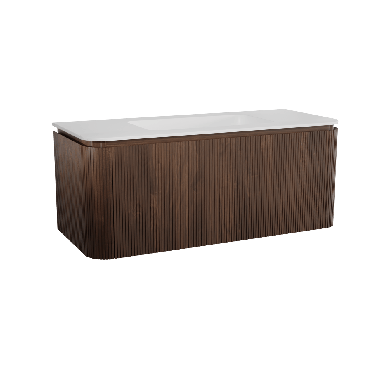 Balmani Moon hängendes Möbelstück Set: 130 x 55 cm, Amerikanischer Nussbaum, mit Moon Einzelwaschtisch, Solid Surface, Weiß matt, Vertikale symmetrische gerade Rippe