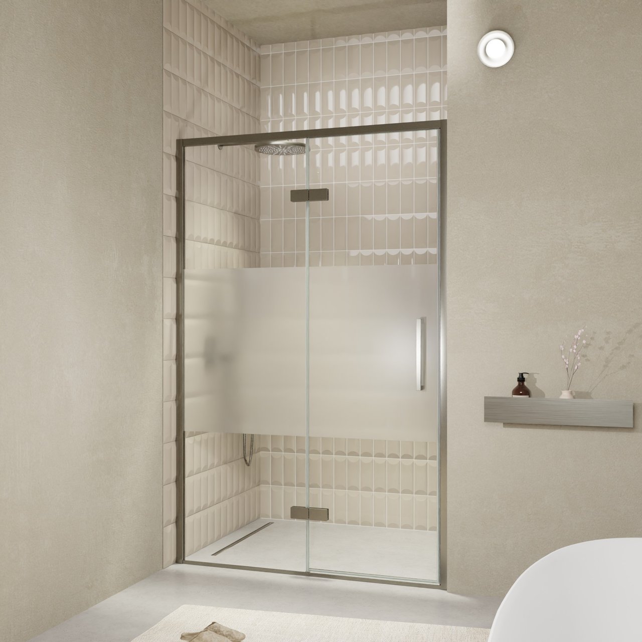 Balmani Senses Design porte pivotante à gauche 140 cm x 210 cm verre transparent avec bande matte, Profil Brushed GunMetal, coating inclus