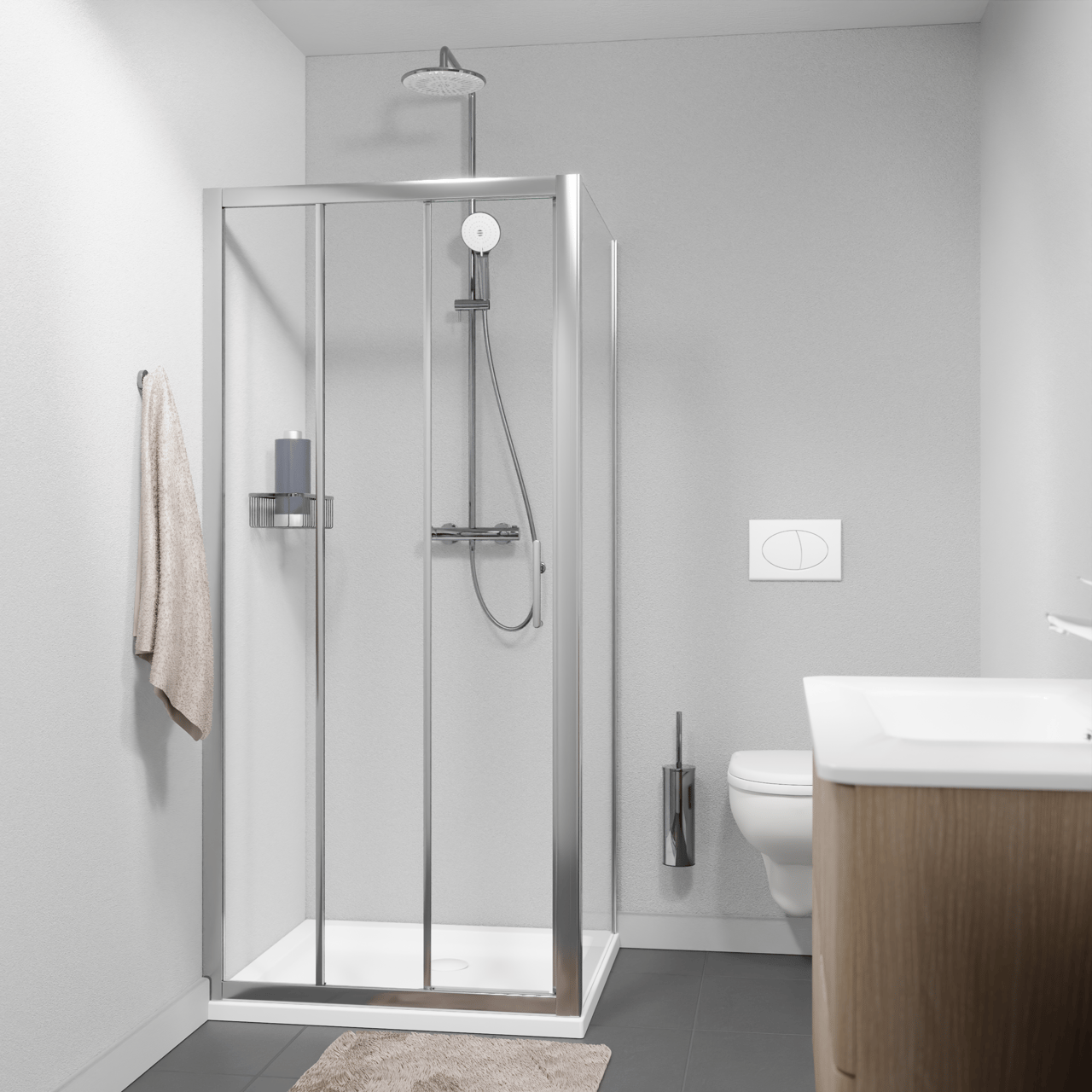 Linie Cadiz Eckdusche dreiteilige Schiebetür mit fixierter Seitenwand, 100 x 80 cm, Klarglas, Brushed Chrome Profil