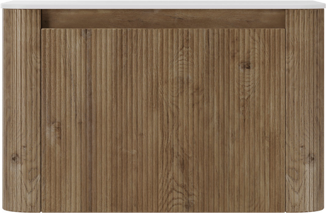 Storke Soft zwevend badkamermeubel 80 x 46 cm ruwe eik met Tavola Soft enkele tablet in solid surface mat wit, Verticale symmetrische rechte ribbel