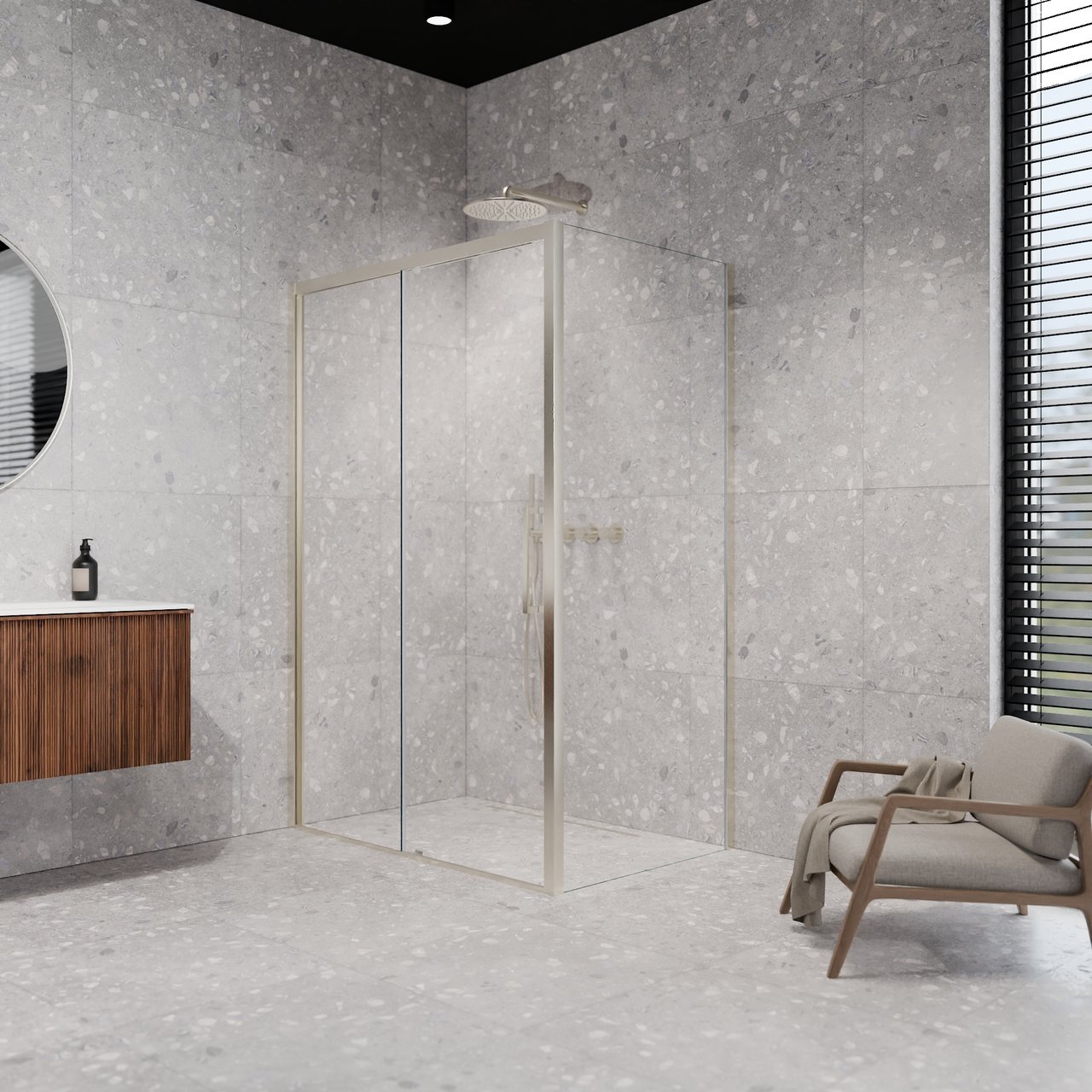 Balmani Senses Design douche en coin avec porte coulissante à gauche et paroi latérale fixe, 120 x 100 cm, Verre transparent, Profil Brushed CoolMetal