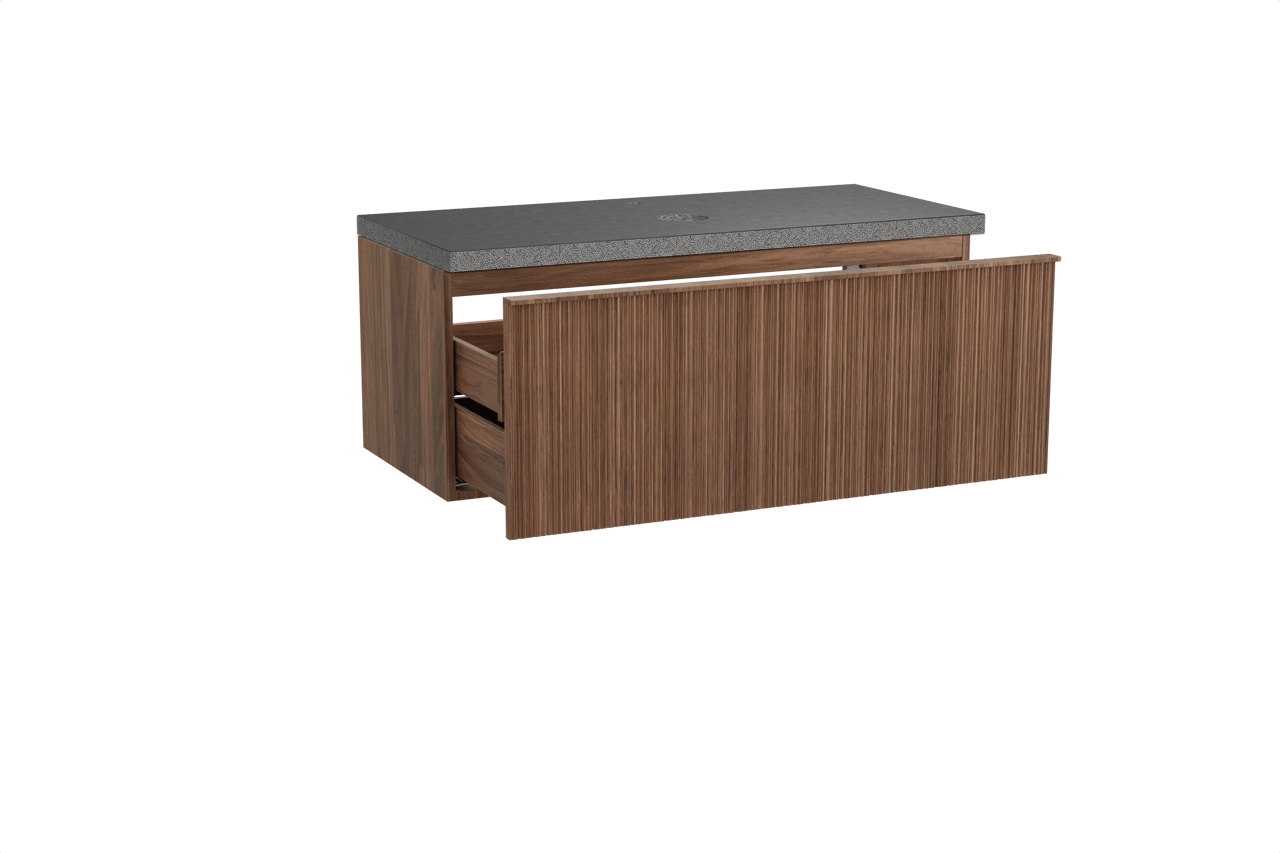 Balmani Forma meuble salle de bains suspendu 120 x 55 cm noyer américain avec Rock tablette simple en granit noir, Nervure circulaire asymétrique verticale