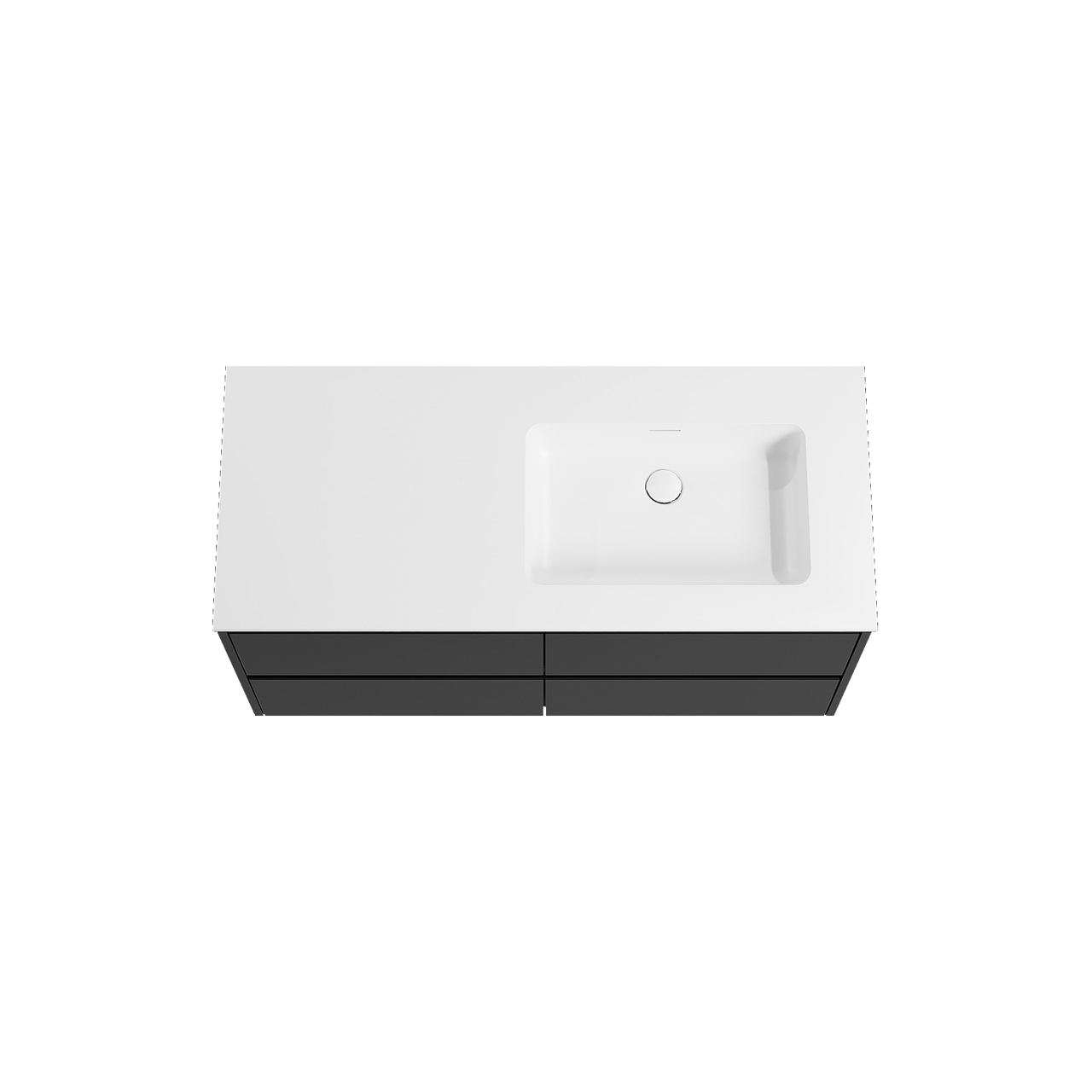 Storke Seda meuble salle de bains suspendu 120 x 52 cm noir mat avec Mata vasque asymétrique droite en solid surface blanc mat