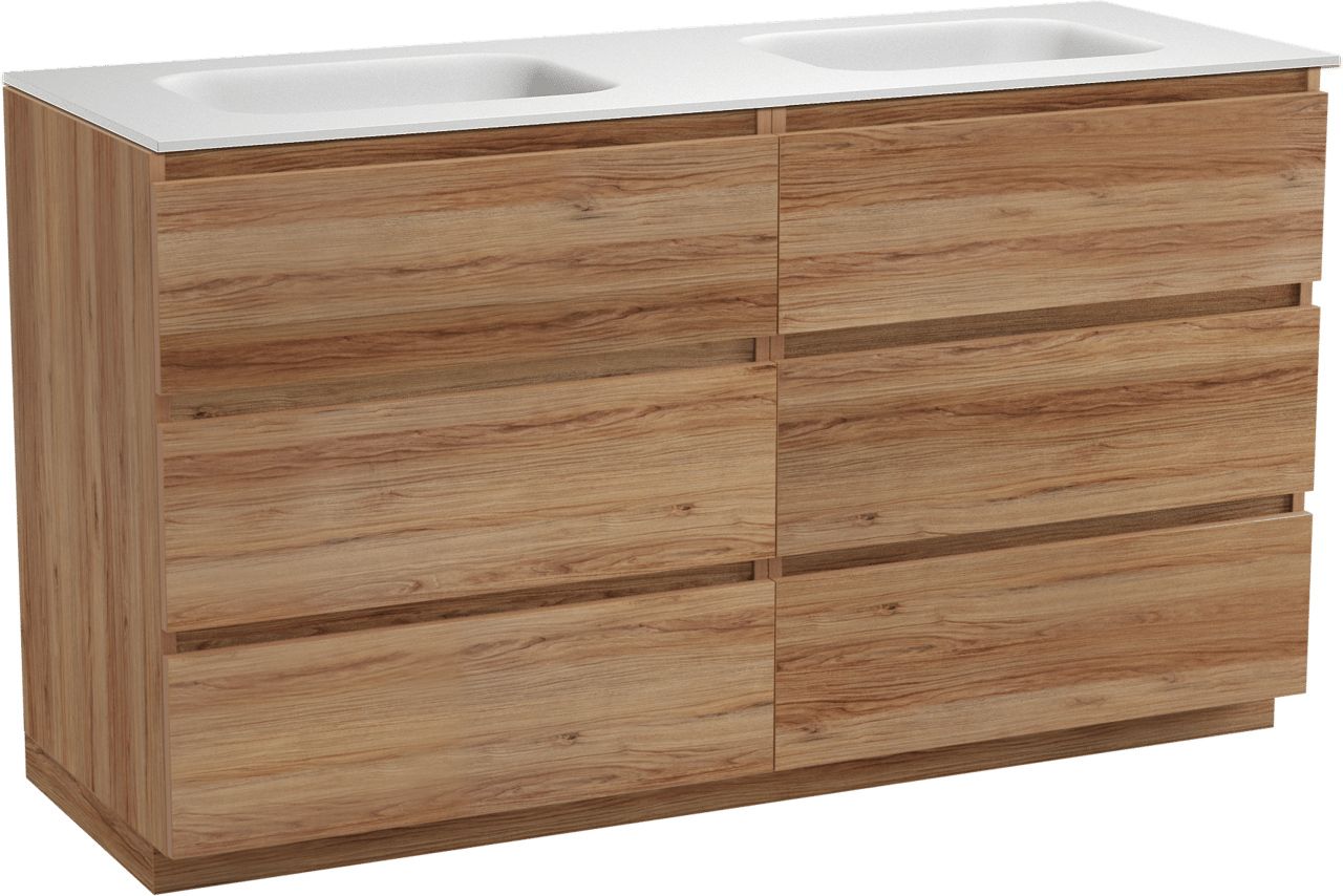 Balmani Lucida freistehendes Möbelstück Set: 150 x 55 cm, Teak, mit Tablo Arcato Doppelwaschtisch, Solid Surface Weiß matt