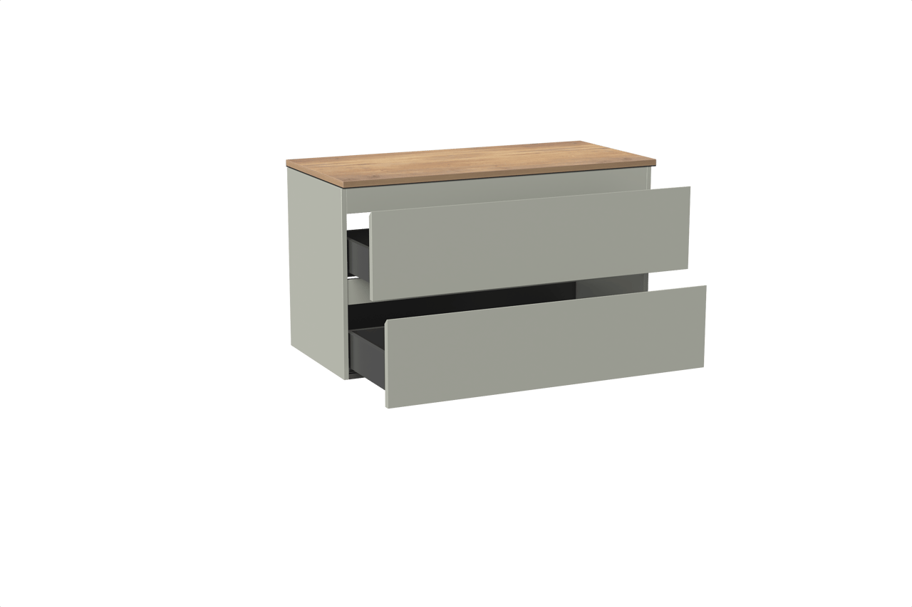 Linie Lado hängendes Möbelstück Set: 100 x 46 cm, Greige, mit Lado Einzel- oder Doppel Waschtischplatte, Melamin Naturbelassene Eiche