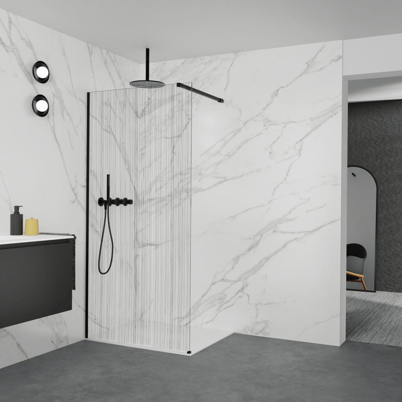 Balmani Modular douche à l'italienne: 100 x 200 cm, Mikado, Profil Noir mat