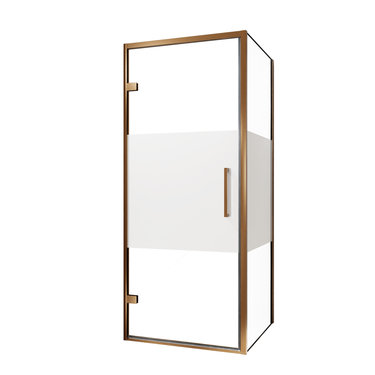 Balmani Senses Design douche d'angle avec porte pivotante à gauche et paroi latérale fixe, 90 x 90 cm, Verre transparent avec bande mate, Profil Brushed Rosegold