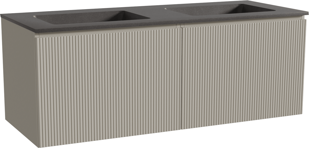 Storke Ribs meuble salle de bains suspendu 130 x 52 cm soie grise avec Scuro double vasque en quartz noir mat, Nervure droite symétrique verticale