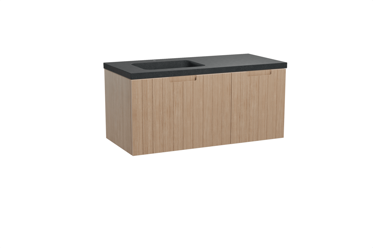 Balmani Adagio meuble salle de bains suspendu 120 x 55 cm chêne vieilli avec Napoli vasque asymétrique gauche en granit noir