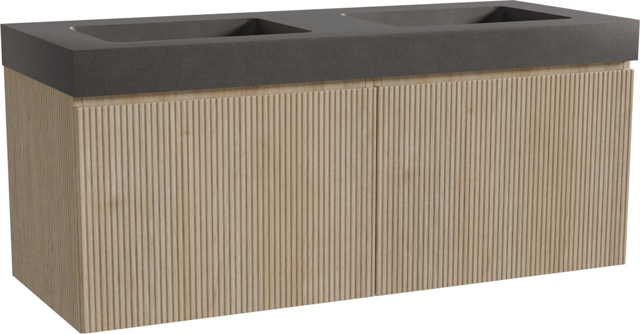 Storke Ribs meuble salle de bains suspendu 130 x 52 cm chêne brut avec Scuro High double vasque en quartz noir mat, Nervure droite symétrique verticale