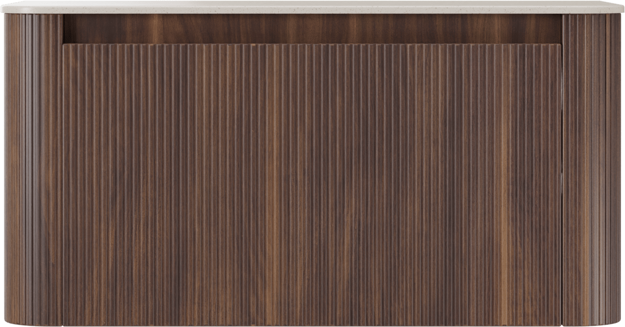 Storke Soft zwevend badkamermeubel 100 x 46 cm notelaar met Tavola Soft enkele tablet in solid surface beige granita, Verticale symmetrische rechte ribbel