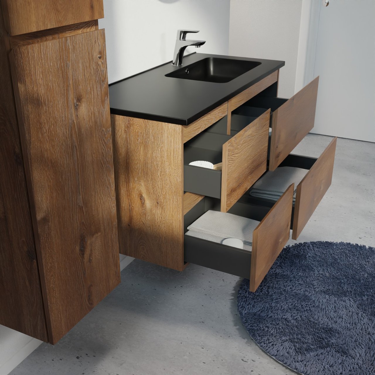 Linie Lado hängendes Möbelstück Set: 100 x 46 cm, Braune Eiche, mit Vano Waschtisch rechts, Marmorkomposit Schwarz matt