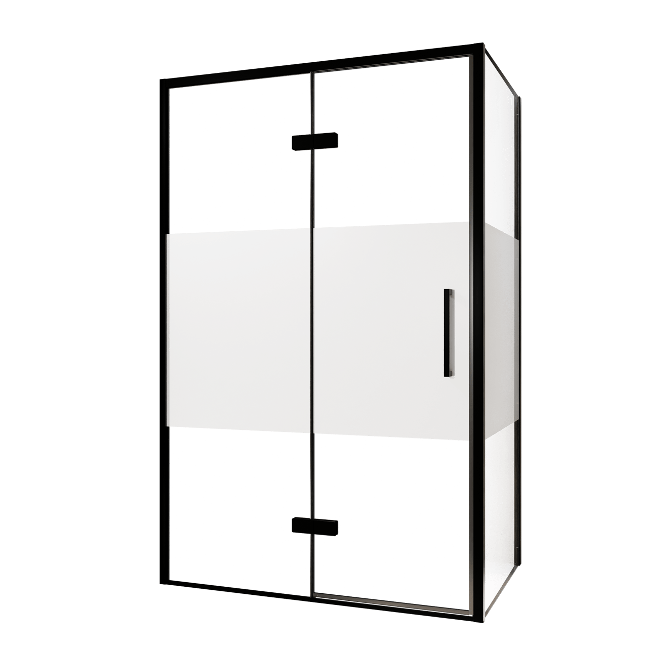 Balmani Senses Design Eckdusche: Drehtür (Links) mit fixierte Seitenwand, 120 x 100 cm, Klarglas mit mattiertem Streifen, Profil Schwarz