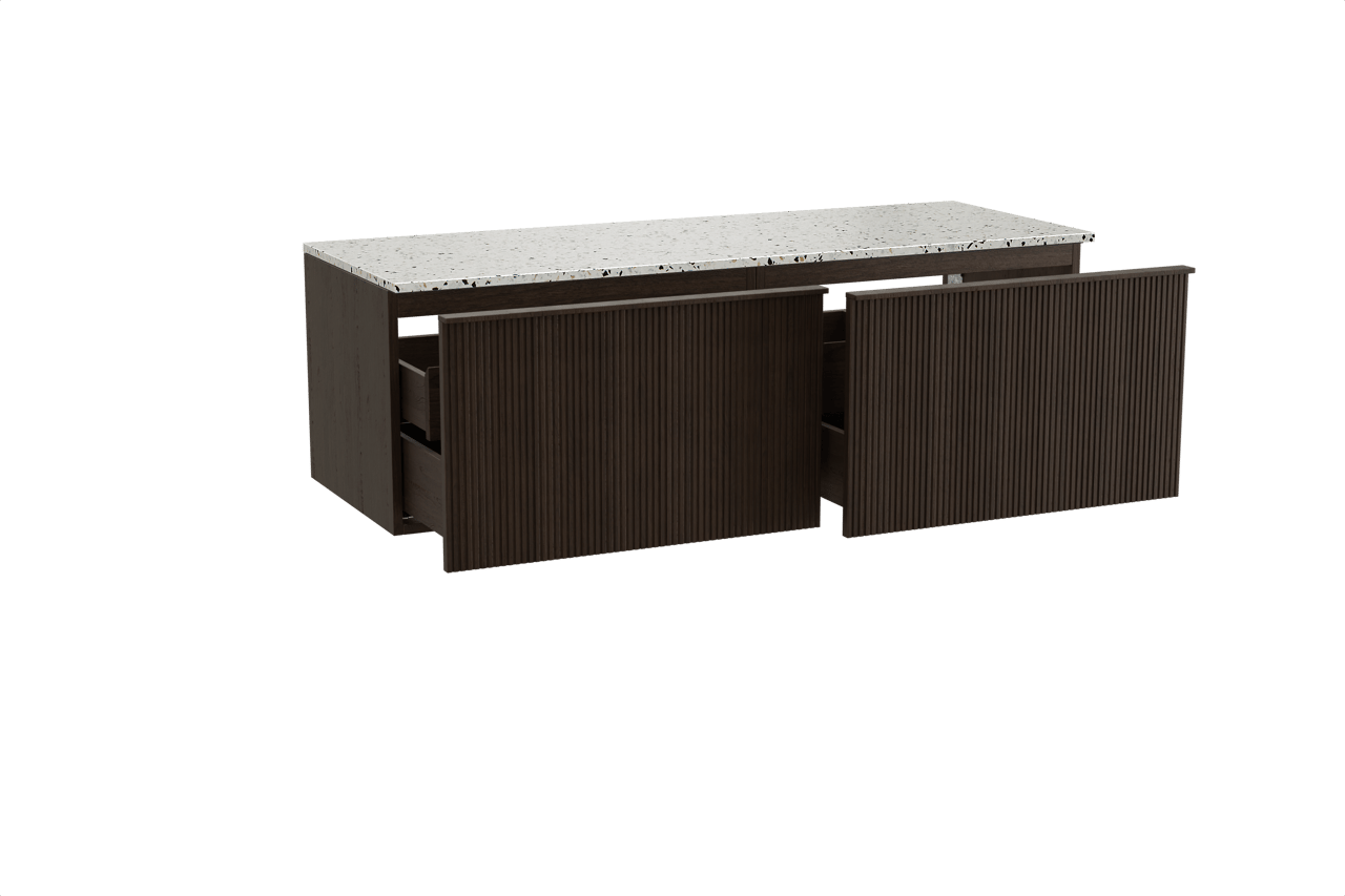 Balmani Forma meuble salle de bains suspendu 150 x 55 cm chêne fumé avec Stretto tablette simple ou double en blanc/noir mat terrazzo, Nervure droite symétrique verticale