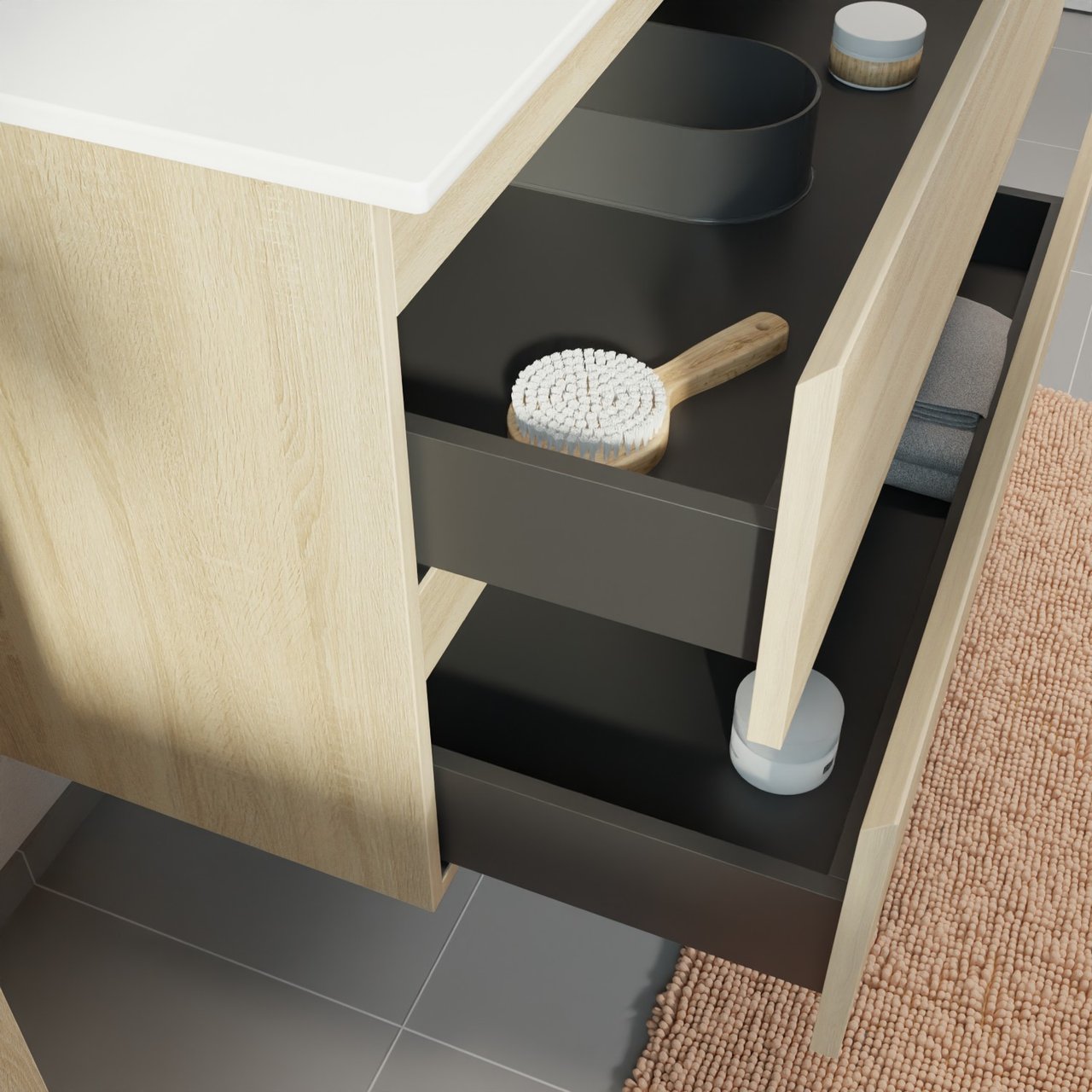 Linie Lado zwevend badmeubel 80 x 46 cm wit eiken met Baro enkele wastafel in porselein hoogglans wit