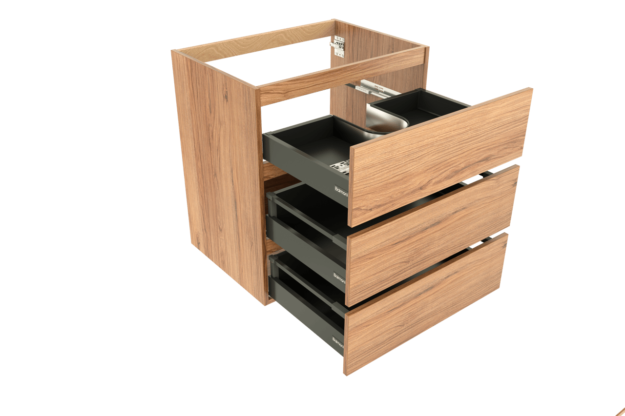 Balmani Lucida stehender Waschbeckenunterschrank: 75 x 55 cm, Teak, 3 Schubladen