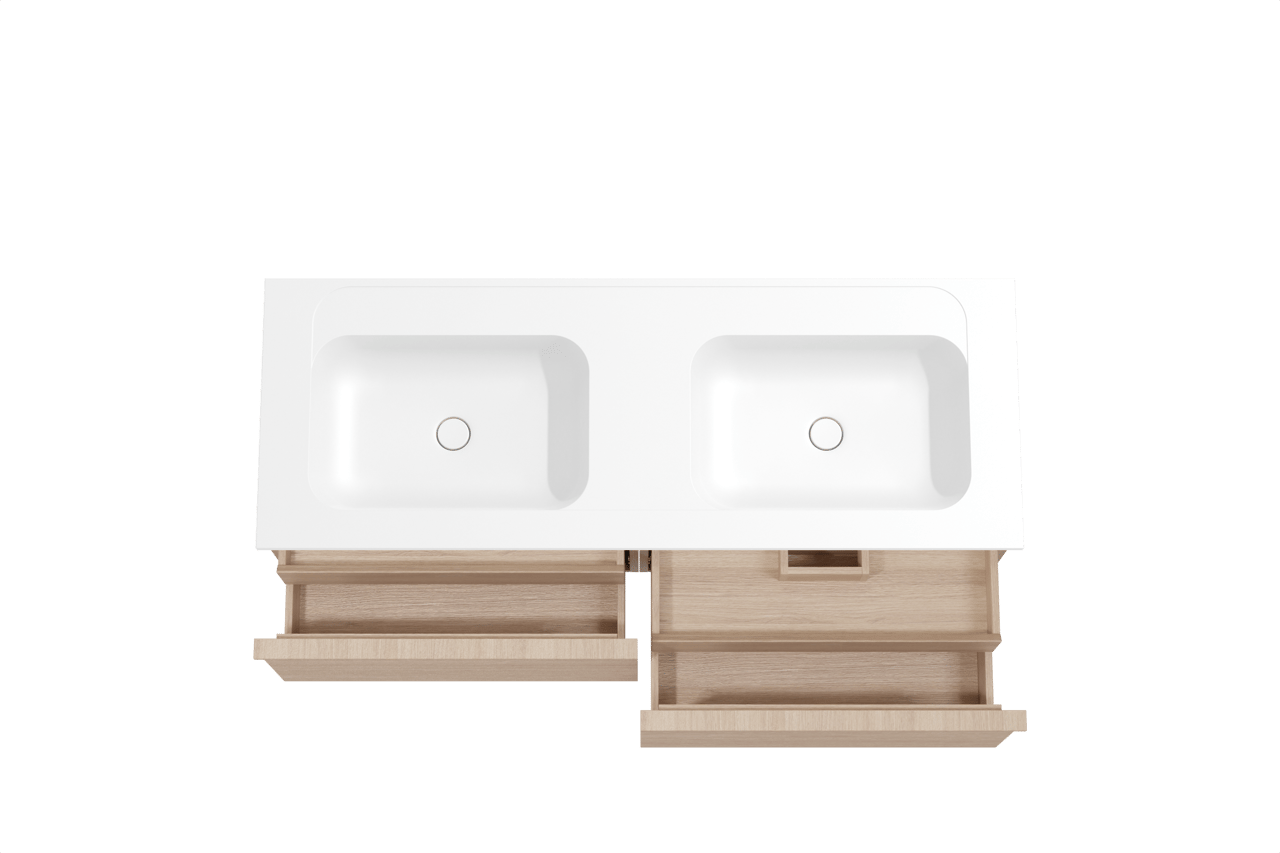 Balmani Forma zwevend badkamermeubel 150 x 55 cm natuur eik met Tablo Strada dubbele wastafel in composietmarmer mat wit, Horizontale symmetrische rechte ribbel