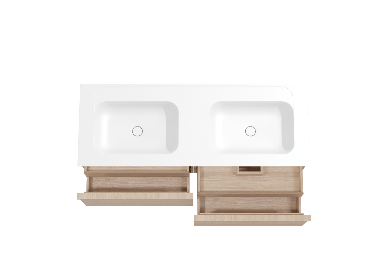 Balmani Forma hängendes Möbelstück Set: 150 x 55 cm, Naturbelassene Eiche, mit Tablo Strada Doppelwaschtisch, Marmorkomposit, Weiß matt, Horizontale symmetrische gerade Rippe