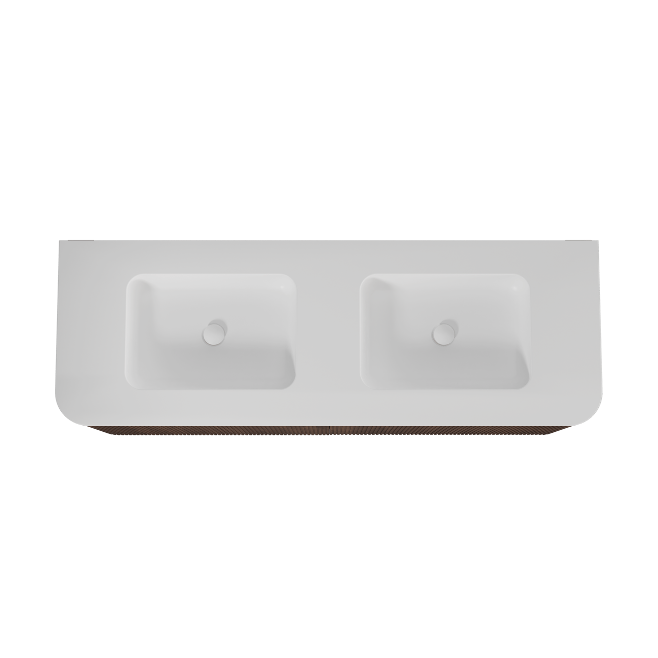 Balmani Moon zwevend badkamermeubel 160 x 55 cm amerikaanse notelaar met Moon dubbele wastafel in solid surface mat wit, Verticale symmetrische rechte ribbel