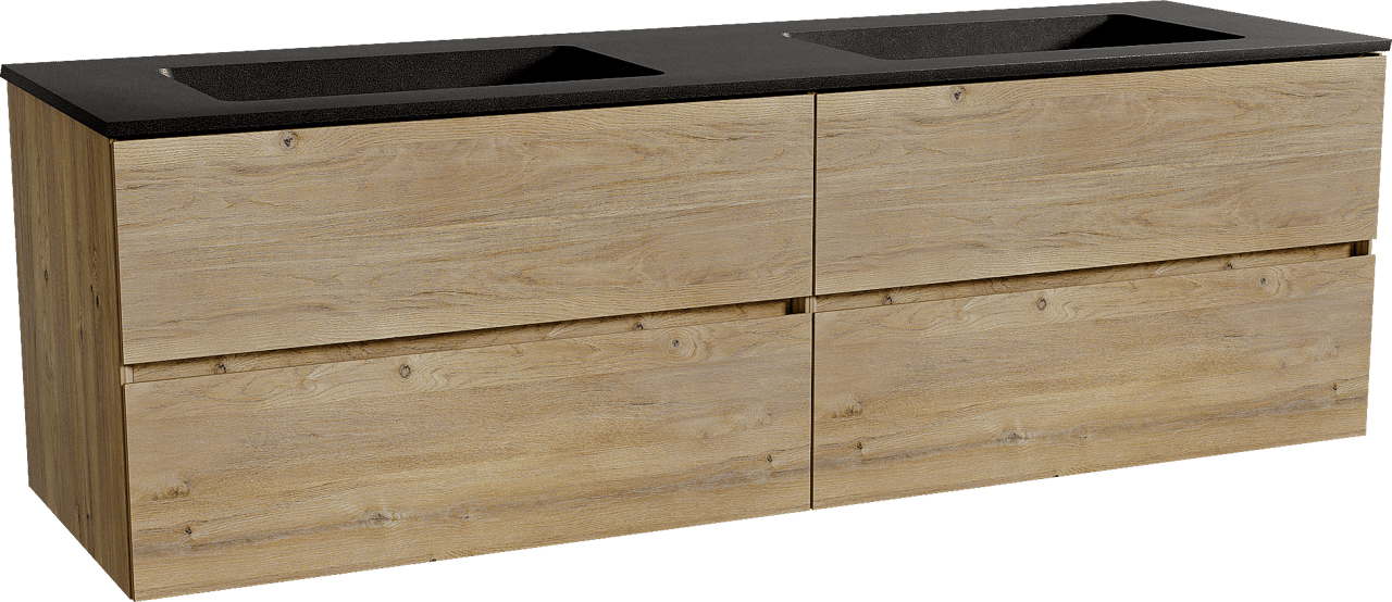 Storke Edge zwevend badmeubel 170 x 52 cm ruw eiken met Scuro dubbele wastafel in kwarts mat zwart