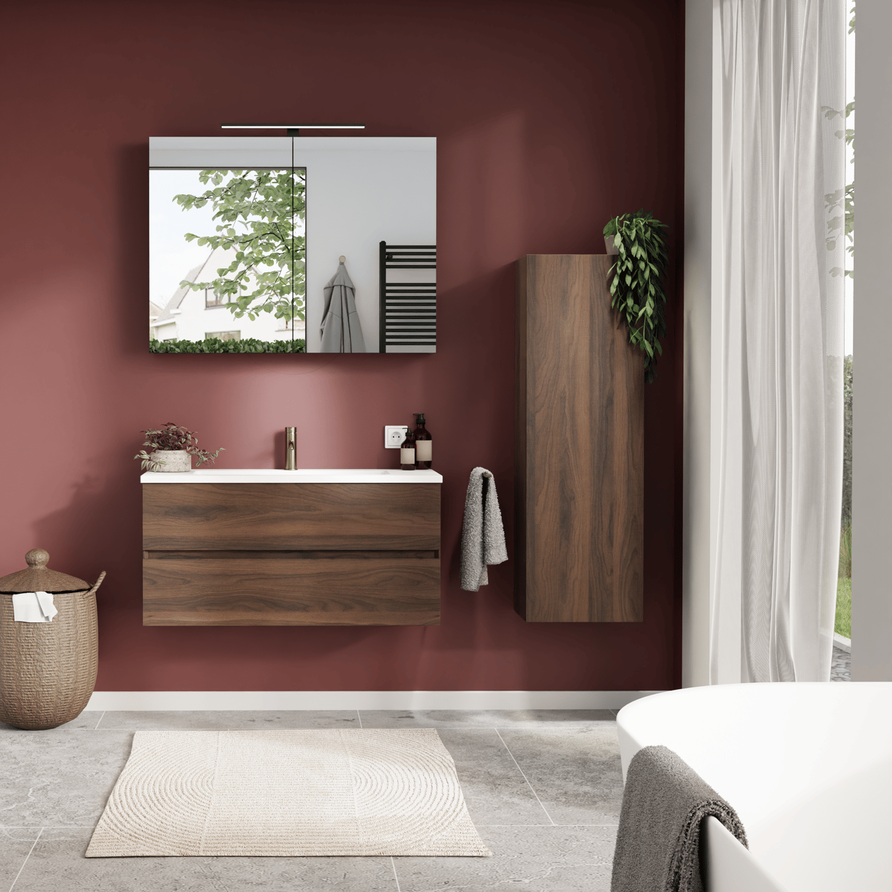 Balmani Lucida hängendes Möbelstück Set: 120 x 55 cm, Amerikanischer Nussbaum, mit Tablo Arcato Einzelwaschtisch für 2 Armaturenlöcher, Solid Surface Weiß matt