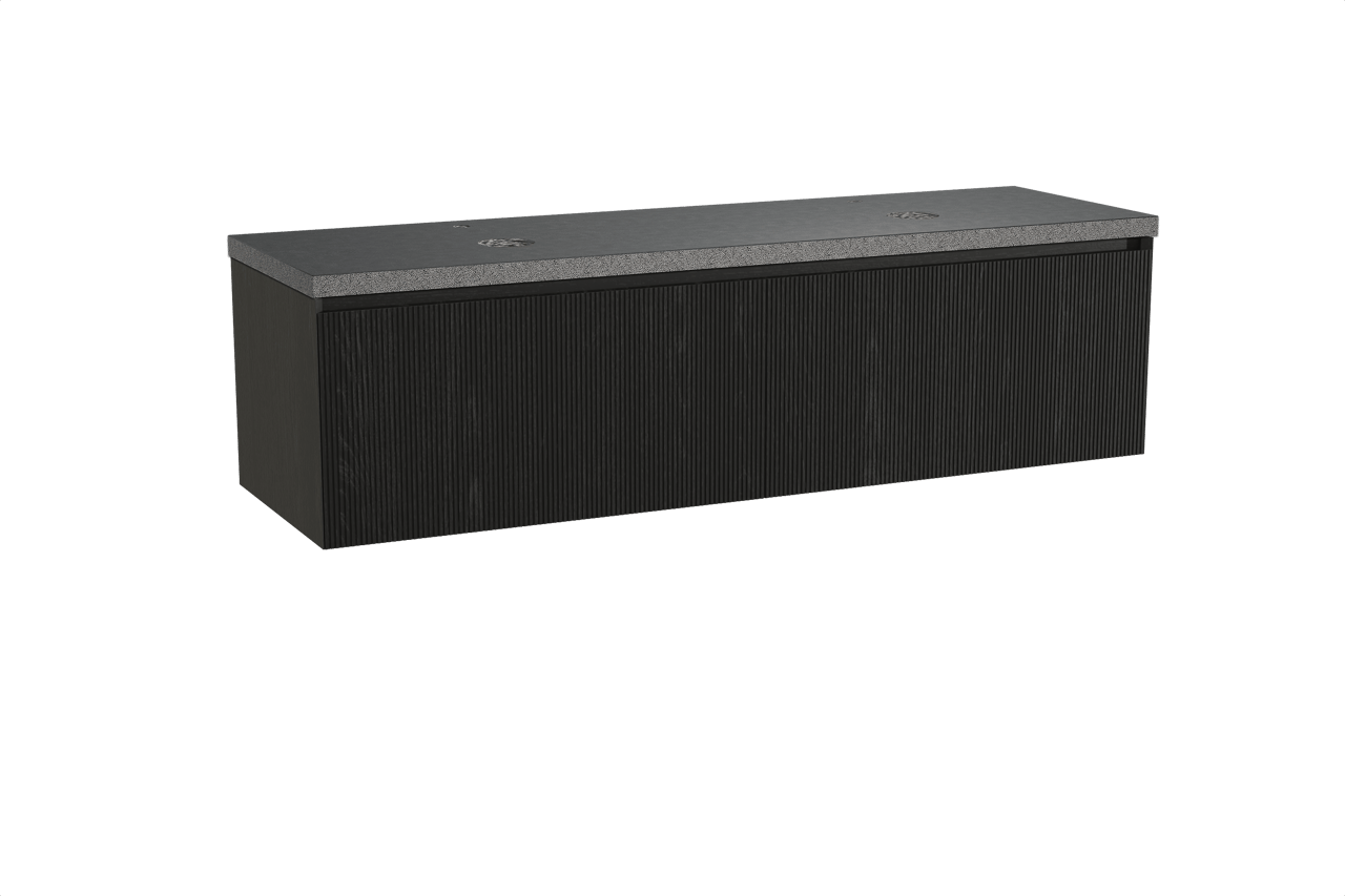 Balmani Fila hängendes Möbelstück Set: 180 x 55 cm, Schwarze Eiche, mit Rock Doppel Waschtischplatte, Granit, Schwarzes Granit, Vertikale symmetrische gerade Rippe