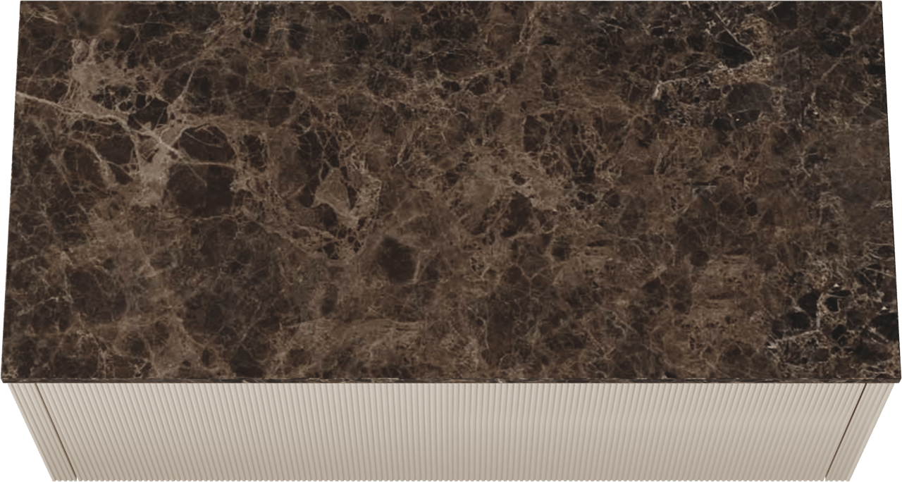 Balmani Eclips meuble salle de bains suspendu 120 x 55 cm Sandbeige avec Stretto tablette simple ou double vasque en Dark Emperador marbre, Nervure droite symétrique verticale
