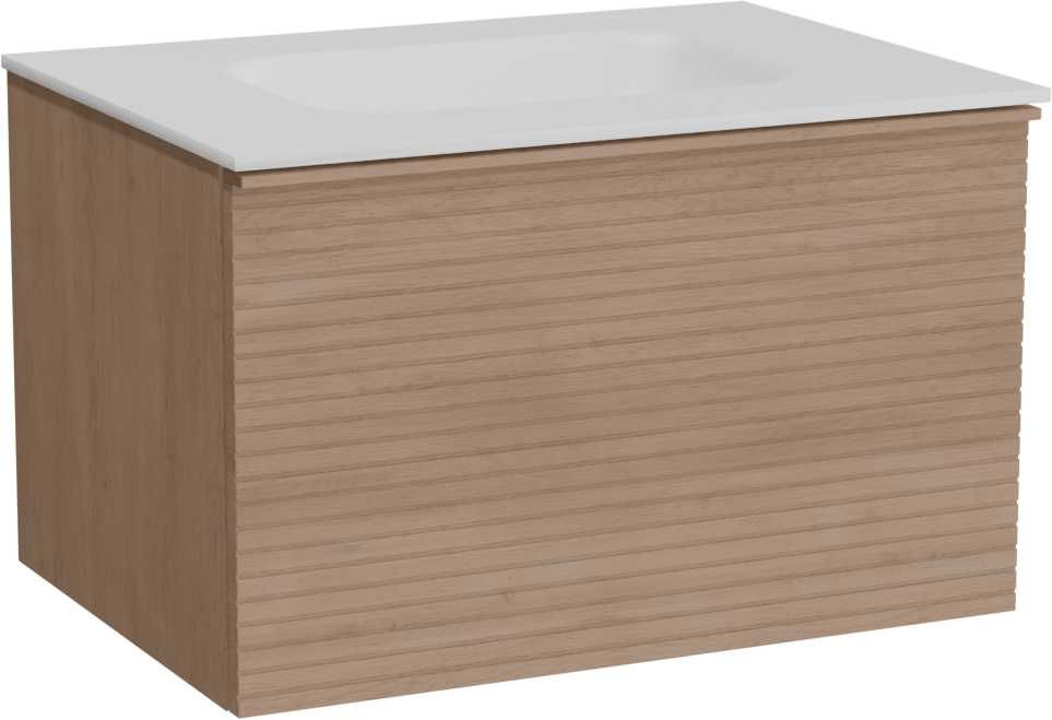 Balmani Forma hängendes Möbelstück Set: 75 x 55 cm, Naturbelassene Eiche, mit Tablo Arcato Einzelwaschtisch, Solid Surface, Weiß matt, Horizontale symmetrische gerade Rippe