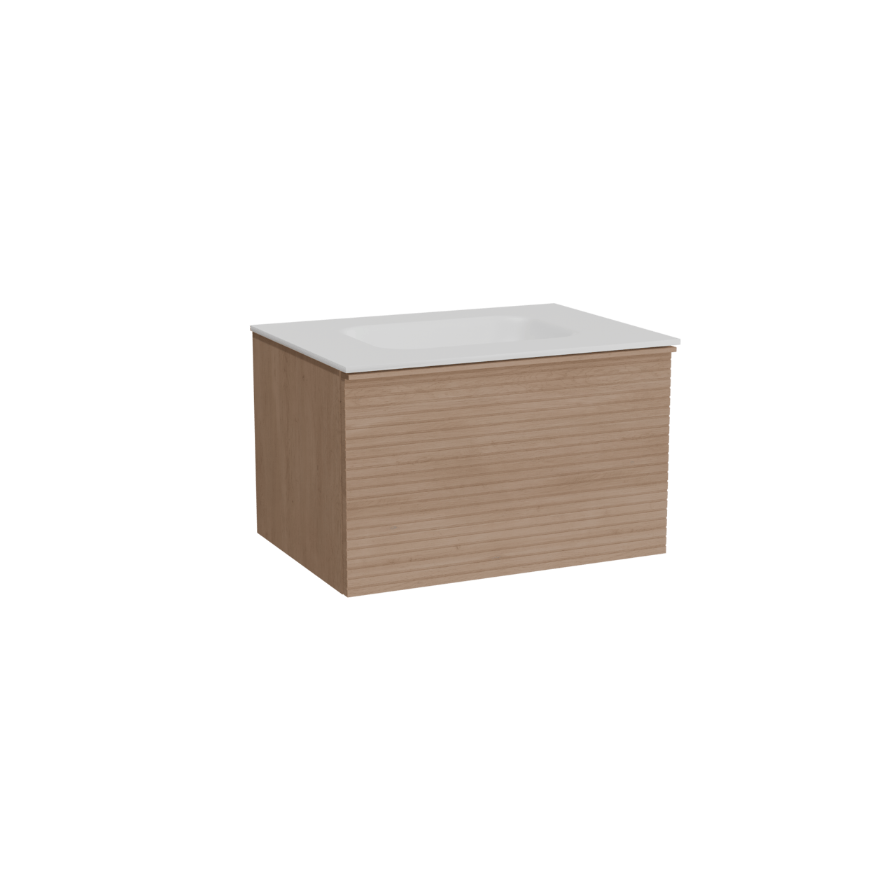 Balmani Forma hängendes Möbelstück Set: 75 x 55 cm, Naturbelassene Eiche, mit Tablo Arcato Einzelwaschtisch, Solid Surface, Weiß matt, Horizontale symmetrische gerade Rippe