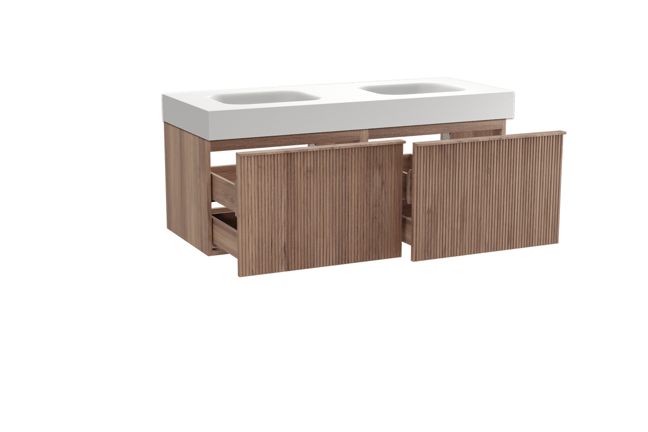 Balmani Forma zwevend badkamermeubel 135 x 55 cm teak met Arcato dubbele wastafel in solid surface mat wit, Verticale symmetrische rechte ribbel