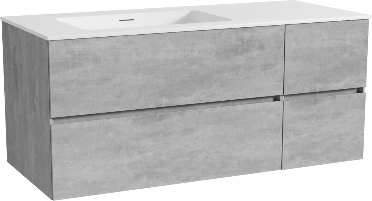 Storke Edge meuble salle de bains suspendu 120 x 52 cm béton gris foncé avec Mata plan vasque asymétrique à gauche en solid surface blanc mat