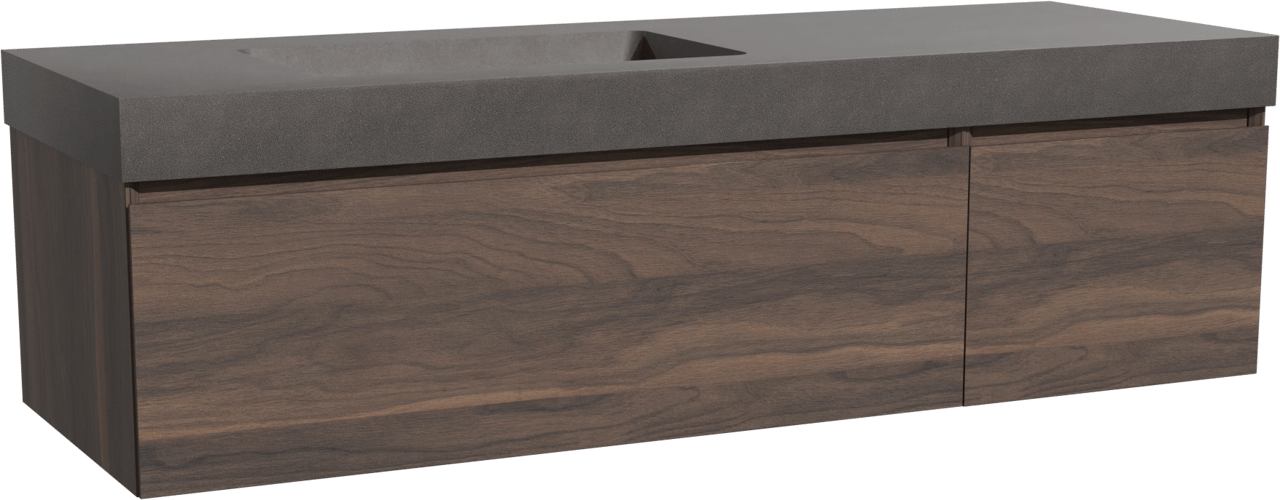 Storke Edge hängendes Möbelstück Set: 150 x 52 cm, Nussbaum, mit Scuro High Waschtisch links, Quarz Schwarz matt