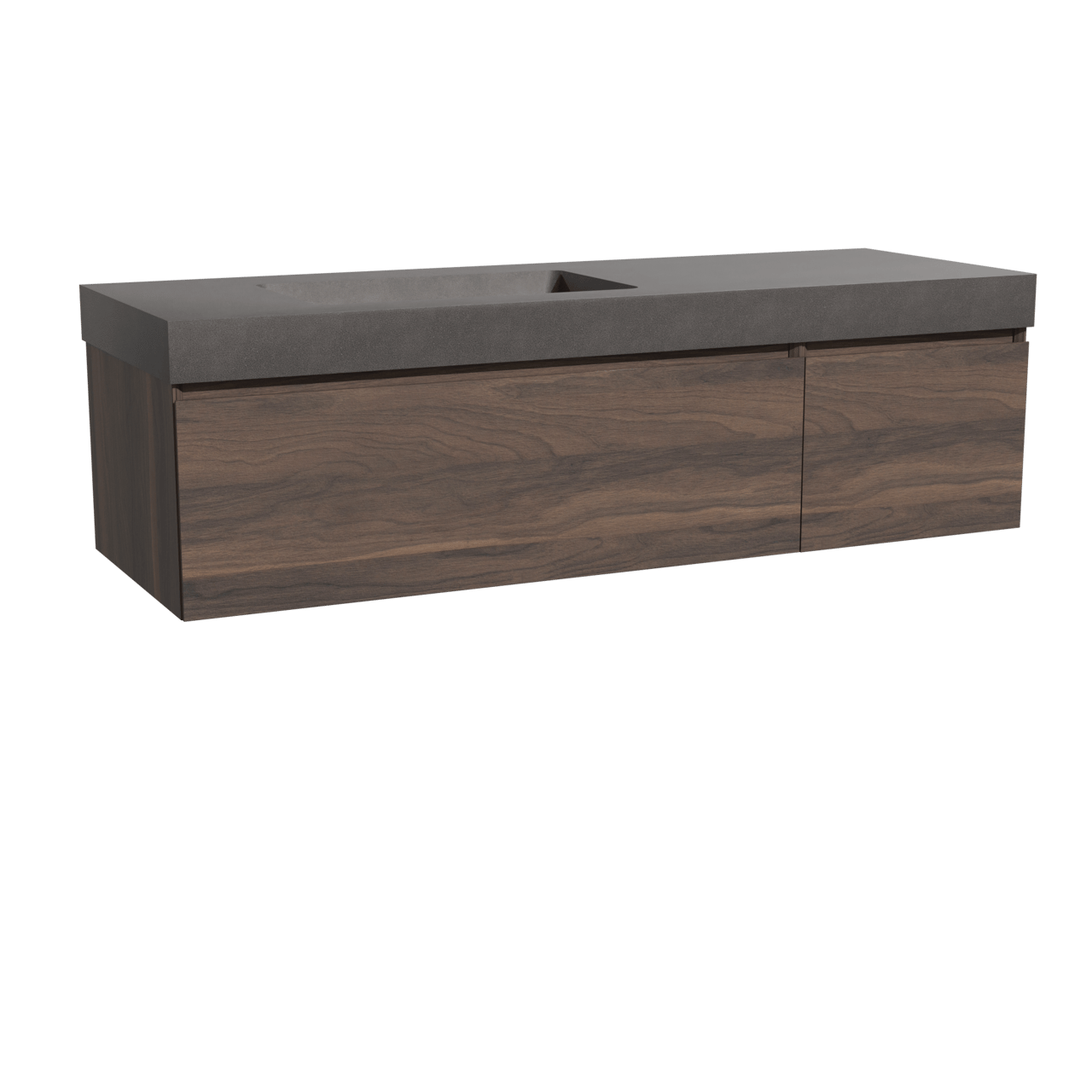 Storke Edge zwevend badkamermeubel 150 x 52 cm notelaar met Scuro High asymmetrisch linkse wastafel in kwarts mat zwart