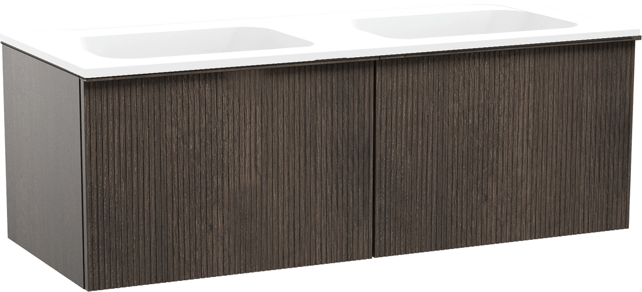 Balmani Forma zwevend badkamermeubel 135 x 55 cm gerookte eik met Tablo Strada dubbele wastafel in composietmarmer mat wit, Verticale symmetrische rechte ribbel