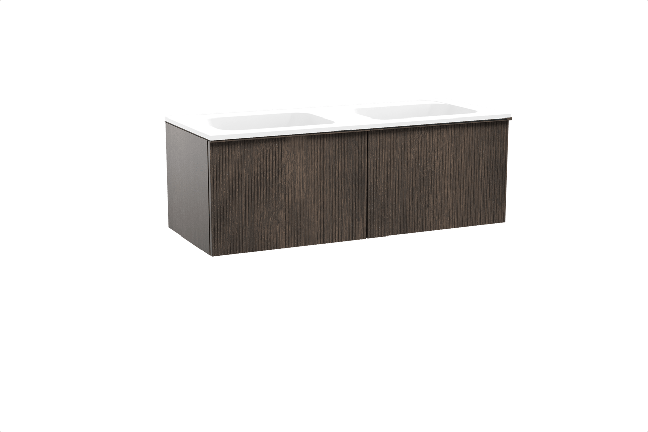 Balmani Forma meuble salle de bains suspendu 135 x 55 cm chêne fumé avec Tablo Strada double vasque en marbre composite blanc mat, Nervure droite symétrique verticale