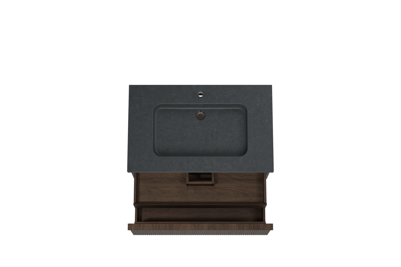 Balmani Forma zwevend badkamermeubel 90 x 55 cm gerookte eik met Napoli enkele wastafel in graniet zwart, Verticale symmetrische rechte ribbel