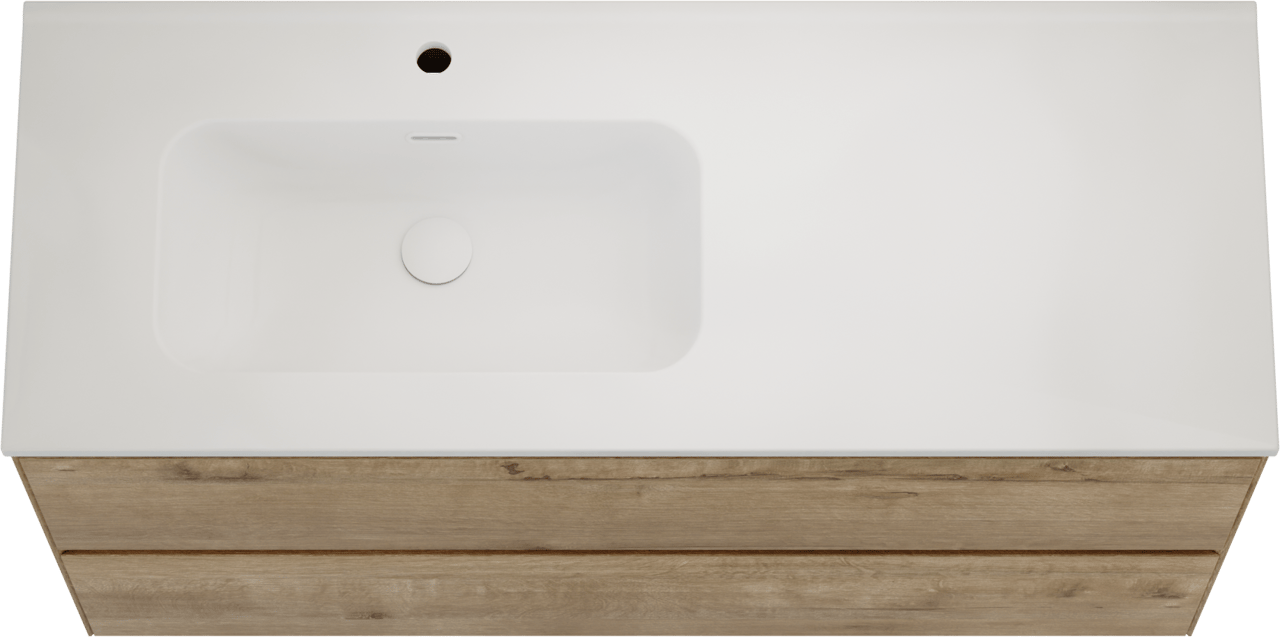 Balmani Mitra Compact zwevend badkamermeubel 120 x 46 cm ruwe eik met Nostra asymmetrisch linkse wastafel in porselein mat wit