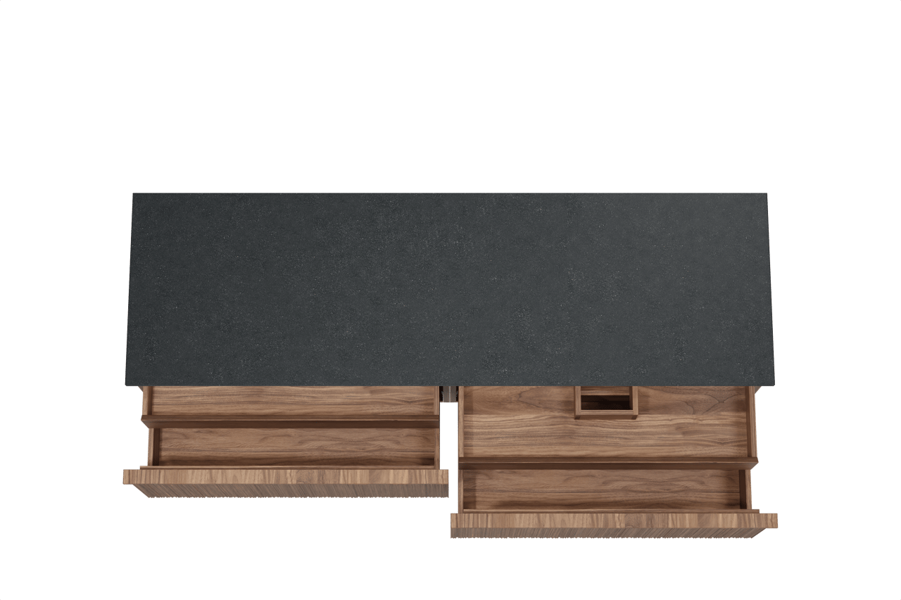 Balmani Forma meuble salle de bains suspendu 180 x 55 cm noyer américain avec Stretto tablette simple ou double en granit noir, Nervure circulaire asymétrique verticale