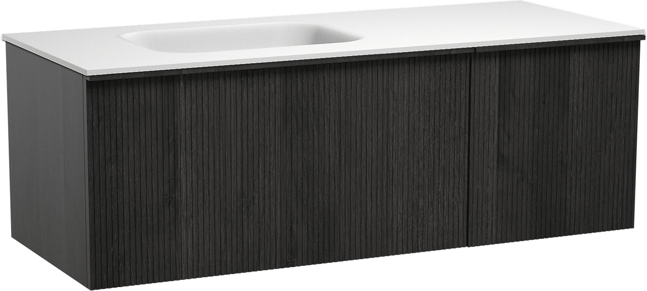 Balmani Forma hängendes Möbelstück Set: 135 x 55 cm, Schwarze Eiche, mit Tablo Arcato Waschtisch links, Solid Surface, Weiß matt, Vertikale symmetrische gerade Rippe