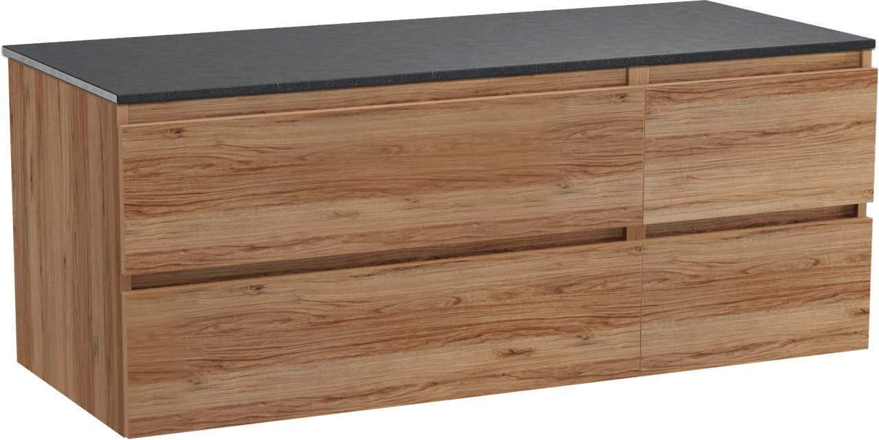Balmani Lucida zwevend badkamermeubel 135 x 55 cm teak met Stretto enkel of dubbel tablet in graniet zwart