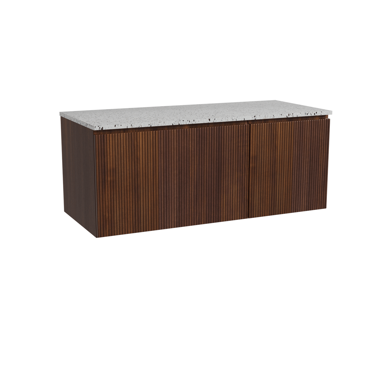 Storke Ribs zwevend badmeubel 120 x 52 cm notenhout met Tavola enkel of dubbel wastafelblad in mat wit/zwart terrazzo, Verticale symmetrische rechte ribbel