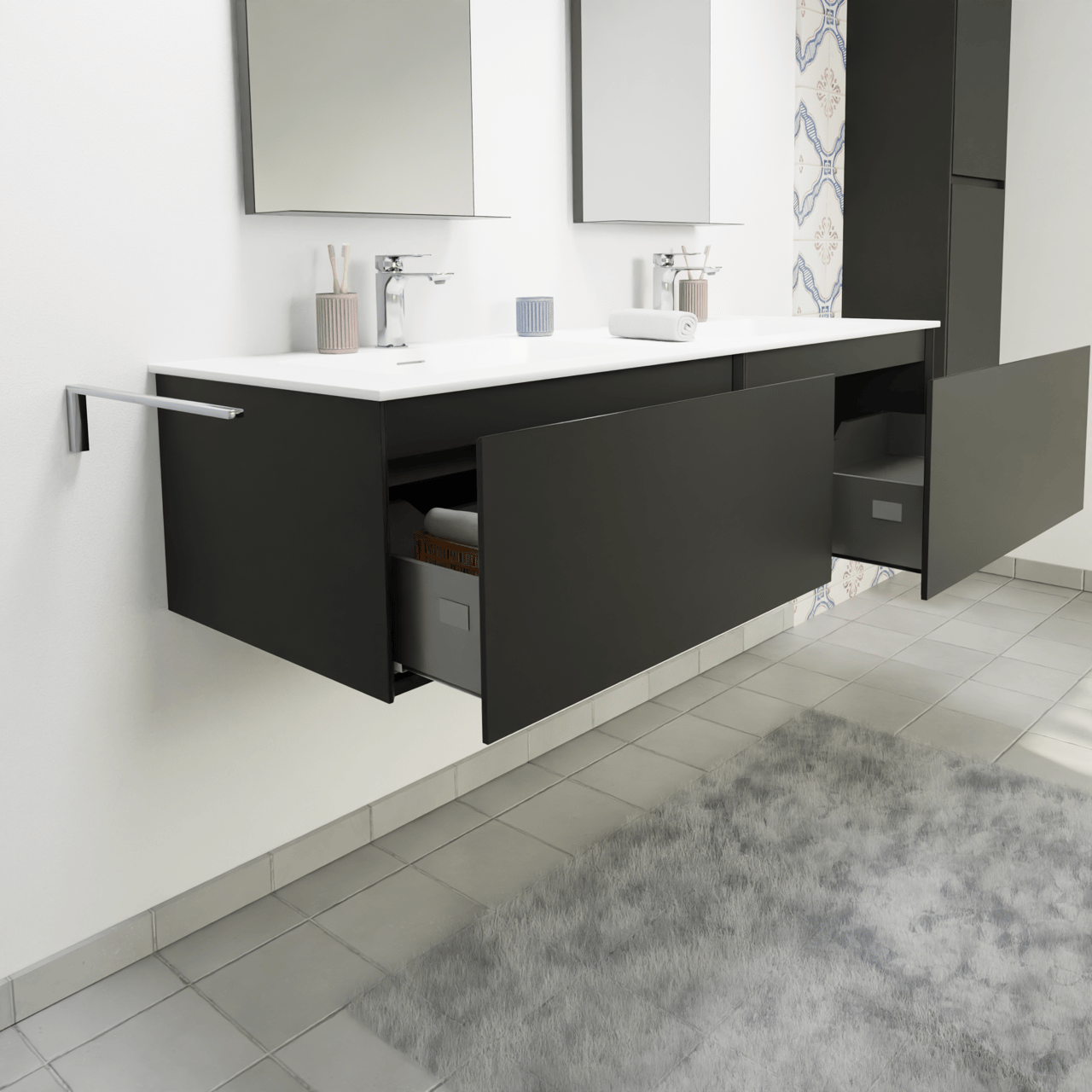 Storke Edge meuble salle de bains suspendu 150 x 52 cm noir mat avec Mata double vasque en solid surface blanc mat