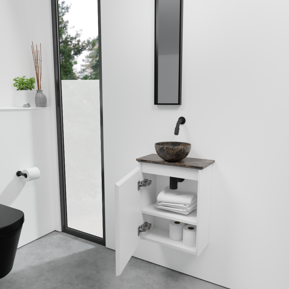 Balmani Mitra zwevend toiletmeubel 42 x 21 cm mat wit met Facetta tablet en Bari XS waskom in Dark Emperador marmer