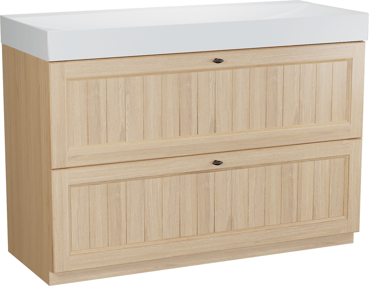 Balmani Lemon staand badkamermeubel 135 x 55 cm, fineer natuur eik met Wave enkele wastafel voor 2 kraangaten in mat wit